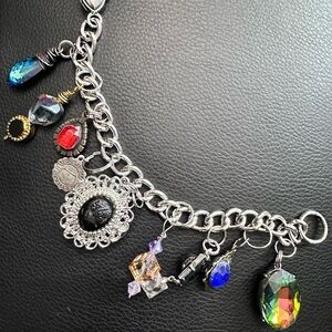 Custom Handmade Charm Bracelet BLACK ONYX CAMEO Repurposed Silvertone Chain 4343